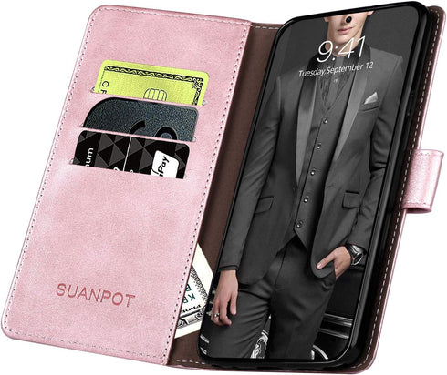 SUANPOT Leather Wallet Case for Samsung Galaxy A71 5G - RFID Credit Card Holder Flip Folio Cover - Shockproof Rose Gold