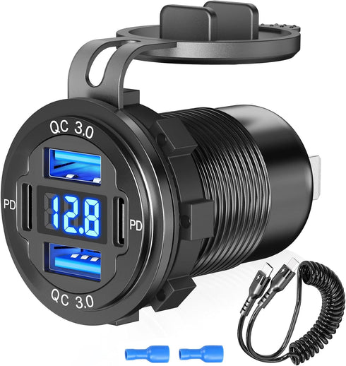 12V USB C Outlet - 78W 4 Ports Aluminum Car Charger Socket with Dual PD 30W and Dual QC 18W, Voltmeter, C to C Cable