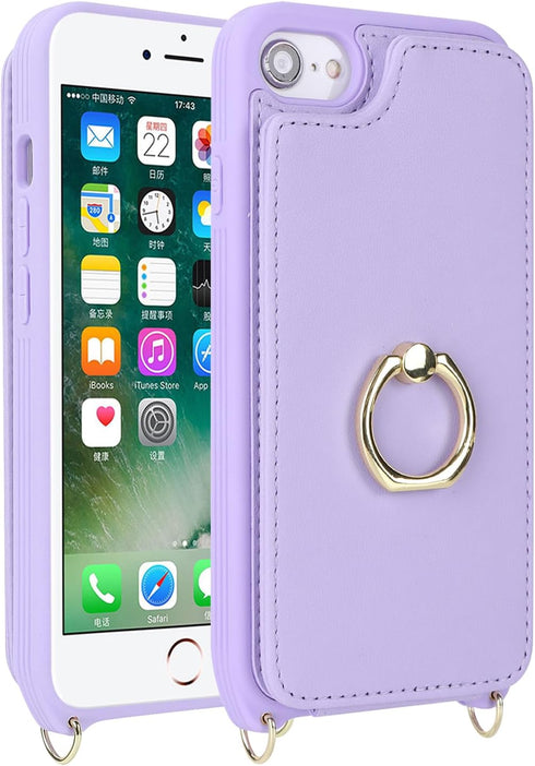 iPhone 7/8/SE 2020/SE 2022 Case with Card Holder and Strap for Women, Crossbody Lanyard, Kickstand, Phone Wallet Cases