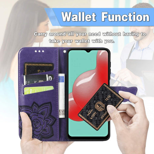 PU Leather Wallet Flip Phone Case with Wrist Strap, Card Slots Holder, Emboss Butterfly Flower Stand Case for Samsung