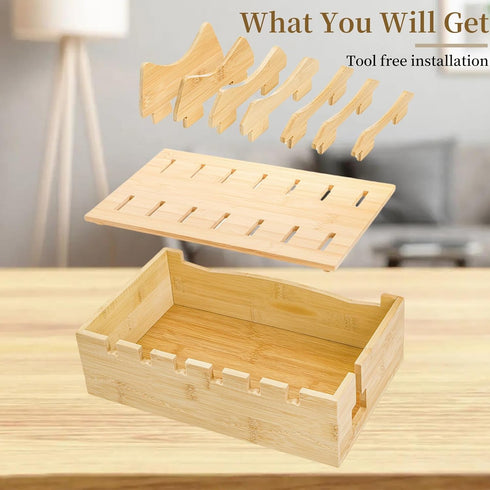 WRINGKIT 6 Bamboo Charging Station for Multiple Devices, Desktop Charging Organizer with Removable Divider Slots