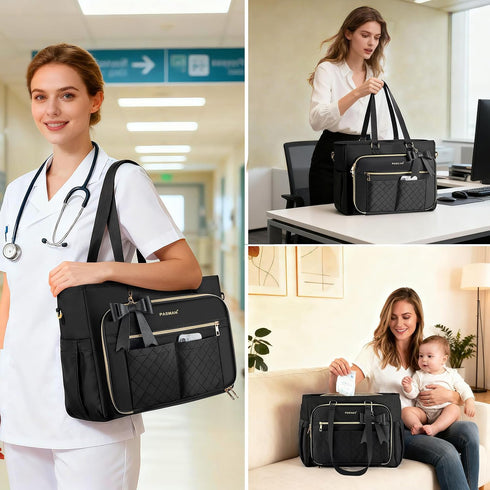 Teacher Tote Bag for Women,Multi-Pocket Laptop & Nurse Work Bag with Cup Holder,Structured Business Briefcase Computer