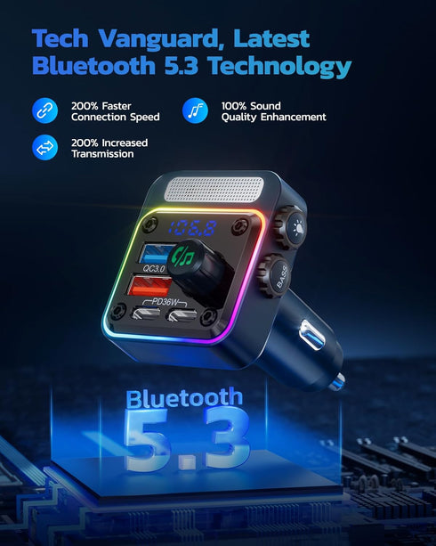 Nulaxy 54W Bluetooth 5.3 Car Adapter with 4 Charging Ports, Wireless FM Transmitter with Deep Bass Player & LED Backlit