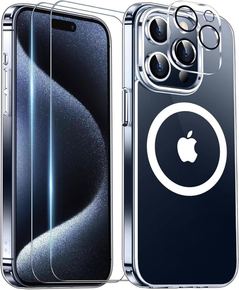 Magnetic Clear Case for iPhone 15 Pro Max, Compatible with MagSafe, Includes Glass Screen Protector and Camera Lens