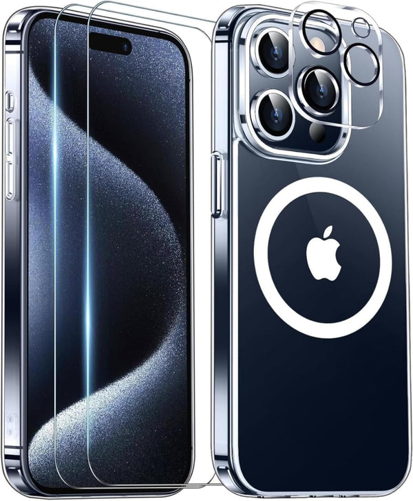 Magnetic Clear Case for iPhone 15 Pro Max, Compatible with MagSafe, Includes Glass Screen Protector and Camera Lens