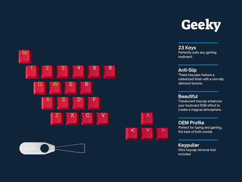 Rubberized Keycap Set | Double shot Translucent | ABS + TPR | OEM Profile for Mechanical Gaming Keyboard (Red, 23 Keys) by Geeky