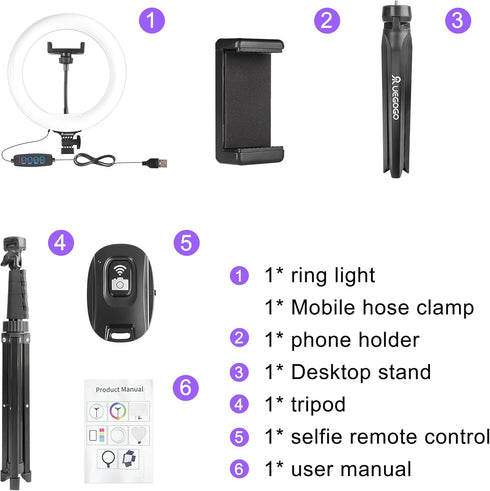 UEGOGO 10'' 72'' Holder38 Dimmable Ring Light with Tripod Stand & Phone Color Modes LED Ringlight for Live Stream