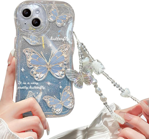 iPhone 11 Case for Women/Girls, Cute Butterfly Glitter Bling with Bracelets, Anti-Scratch Shockproof Cover - Blue