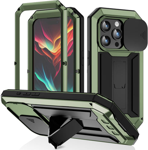 JINGANGYU Metal Heavy Duty Phone Case Compatible with iPhone 15 with Kickstand Built-in