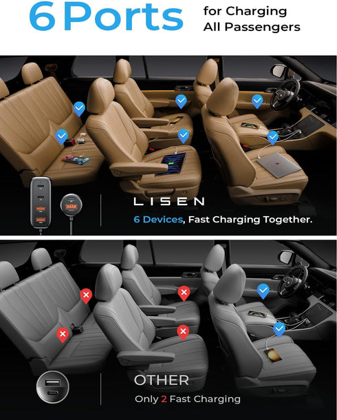 AINOPE Car USB Charger Multi Port, 108W Fast USB C PD 36W & QC3.0 Cigarette Lighter for iPhone 15 Pro Max