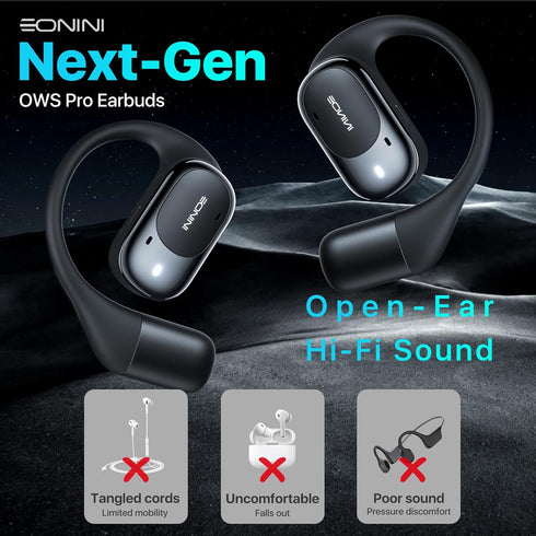 40H IPX5 5.3 Eonini Open-Ear Earbuds with Earhooks, LED Display Case, Lightweight & Secure Fit, All-Day Comfort