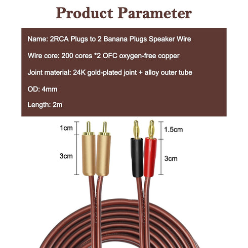 MEIRIYFA 2RCA to 2 Banana Plugs Speaker Wire, Dual Banana Plug to RCA Male, 2M