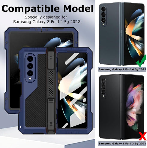 Military Rugged Heavy Duty Metal Case for Samsung Galaxy Z Fold 4 - Built-in Screen Protector, Full-Body Drop