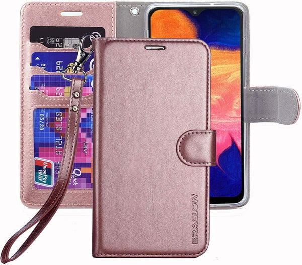 Galaxy A10E Wallet Case - Premium PU Leather Flip Cover with Card Slots & Kickstand, Rose Gold