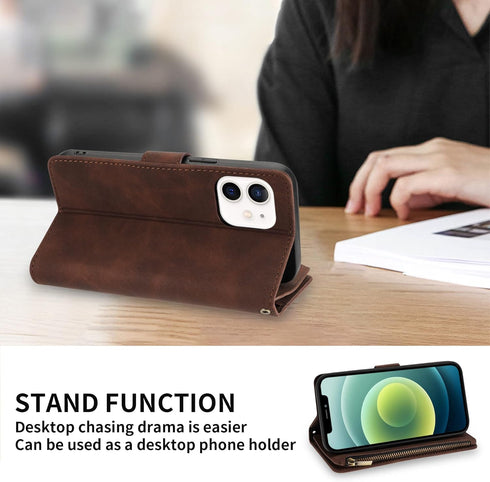 ZZXX for iPhone 12 Mini Wallet Case - Premium Soft PU Leather Zipper Flip Folio with Wrist Strap