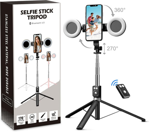 Mouzakon Selfie Stick Tripod with Fill Light, Phone Selfie Stick,Durable Stainless Steel Design,Bluetooth Remote