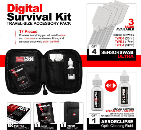 Photographic Solutions Digital Survival Kit - Type-1, Camera Cleaning Kit with Travel Bag, Sensor Swabs, PEC-PAD Wipes