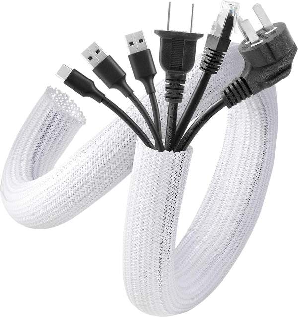 AGPTEK White Cable Sleeve Cover, 2 Pack 5ft Cord Management Wire Organizer for Home Office