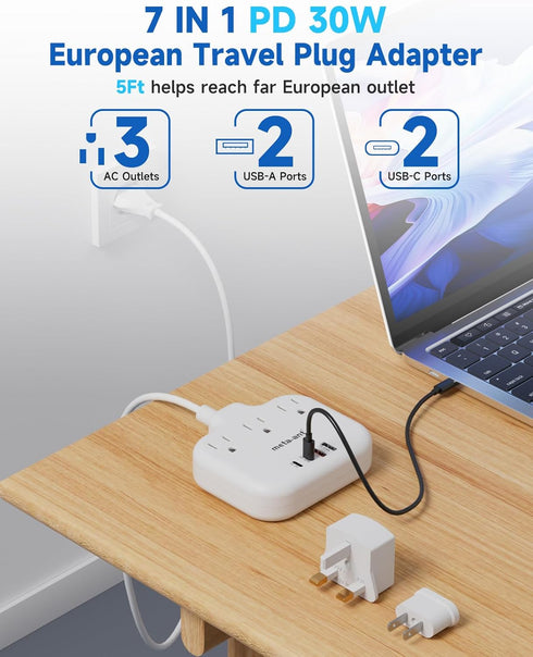 PD30W USB C European Travel Plug Adapter, International Power Adapter with 3 Outlets, 2 USB-C, 2 USB-A Fast Charger