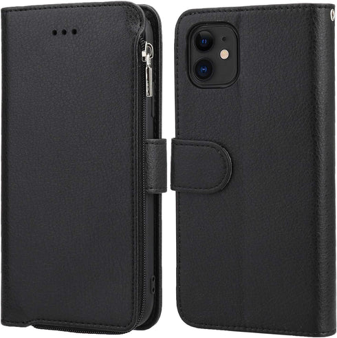KIHUWEY iPhone 12 Pro Wallet Case Leather Zipper with Card Holder, Kickstand and Protective Lanyard Purse Cover