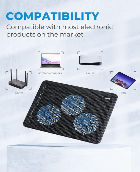 havit HV-F2056 Laptop Cooler Cooling Pad, Slim Portable USB Powered, Black/Blue
