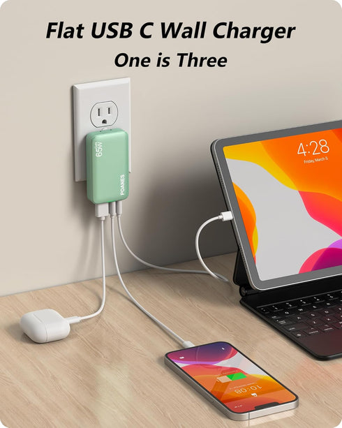 65W GaN USB C Charger, 3 Port Flat USB Wall Charger with USB C and USB A for MacBook, Tablets, iPhone 15