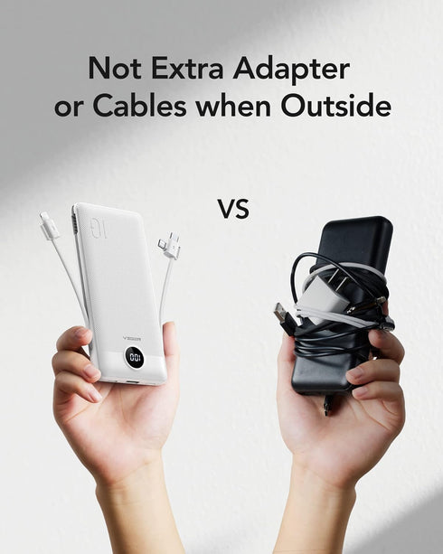 VEGER Portable Charger 10000mAh, Built-in Cables & Wall Plug, Slim Fast Charging Power Bank for iPhone & More - White
