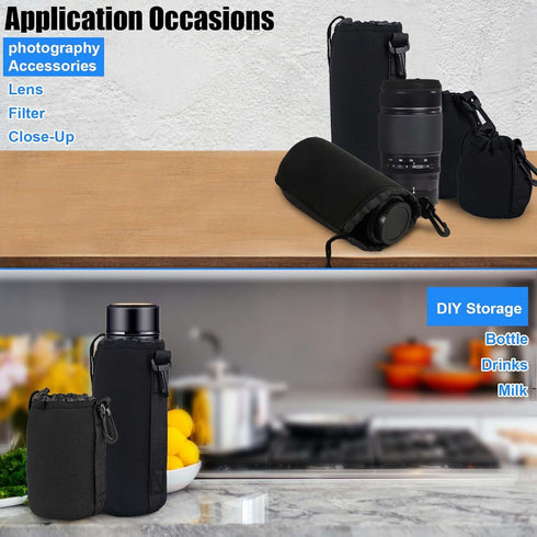 4pcs Camera Lens Bag - 4 Sizes Drawstring Lens Pouch with Thick Protective Neoprene for Canon, Nikon, Sony
