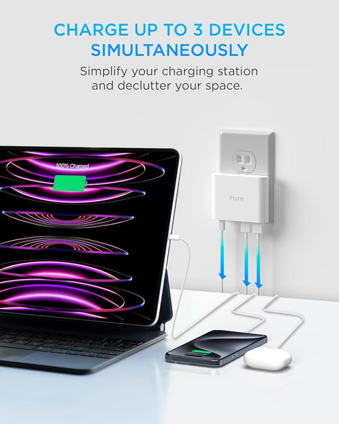 iHome 32W AC Pro Multi Port USB Wall Charger Block - Charging Station for Multiple Devices with 3 USB Ports (1 USB-C, 2 USB-A) - Fast Charging, Universal Compatibility, Travel Friendly Design