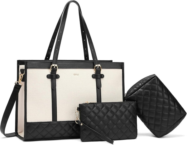 Keyli 3pcs Laptop Bag for Women,15.6 Inch Canvas Tote Bag Work Bags Large