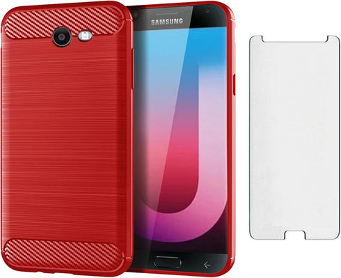 Asuwish Phone Case for Samsung Galaxy J7 Prime 2017 J7V S727VL with Tempered Glass Protector, Red Soft Silicone Cover