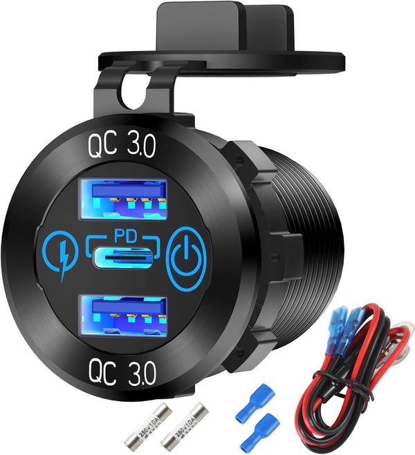 12V USB Aluminum Car Charger Socket, PD 3.0 Type C and Dual Quick Charge 3.0 USB Port for Car Boat Marine RV