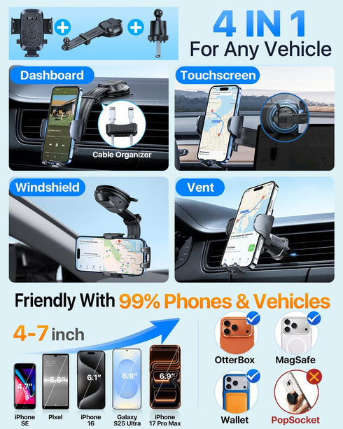 HTU 17 16 15 14 13 12 Upgraded Strongest Suction Car Phone Holder Bendable Arm, Never Block View Rotatable Cellphone