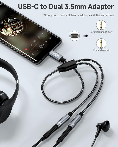 USB C Microphone Adapter,LERTOSEN USB C to Dual 3.5mm Female Aux Headphone Jack Y Splitter Mic Audio Adapter,Compatible with iPhone 15 Pro Max/15 Pro/15 Plus,Samsung Galaxy S24/S23/S21/S20,Pixel 7/6/5