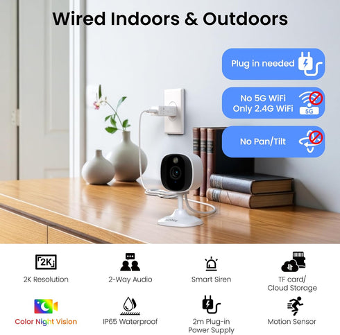 AOQEE 2K 24/7 (C1-White-2pack-2.4G) Cameras for Home Security-Outdoor/Indoor Camera for Dog/Cat/Pet/Nanny/Baby/Elderly