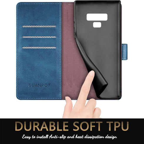 SUANPOT Samsung Galaxy Note 9 6.4" RFID Blocking Leather Wallet Case, Credit Card Holder Flip Folio Cover, Sky Blue