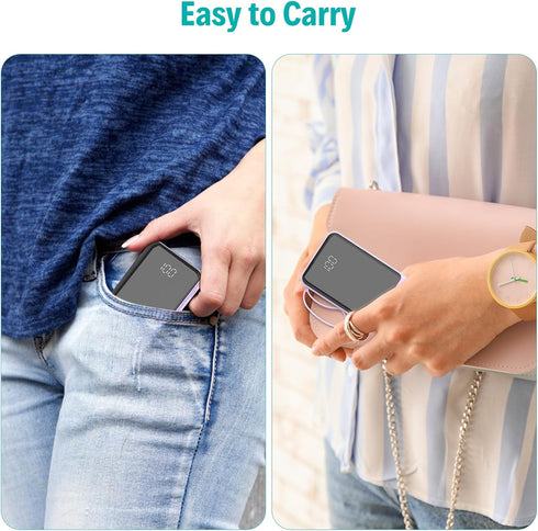 Portable Charger with Built-in Cables, 10000mAh Slim USB C Power Bank, High Speed External Battery Pack for iPhone
