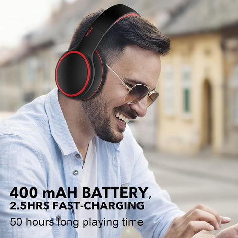 RORSOU B10 Bluetooth Headphones - Lightweight Over Ear, 50H Playtime, Wireless Stereo Bass, Mic, Volume Control, Black.