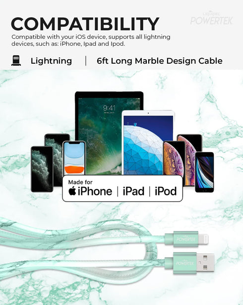 LIQUIPEL Powertek MFi Certified Charger for Apple iPhone, iPad, 6ft Lightning to USB Cable, Fast Charging (Green)