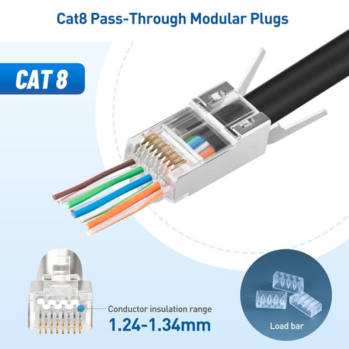 Cable Matters 20-Pack 23-24AWG Shielded Cat8 RJ45 Pass Through Connector with Load Bar & Strain Relief Boots, NOT Compatible with 22AWG Cable (Cat8 Pass Through RJ45 Plugs/Cat 8 Pass Thru Connectors)