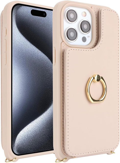 iPhone 15 Pro Case with Card Holder and Strap for Women, Crossbody Lanyard, Stand Ring Kickstand, Cute Wallet 6.1"
