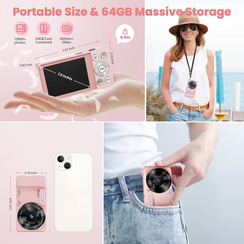 Hoestr 64MP 4K 18X 64GB 2.8" Digital Camera, Zoom Autofocus Point and Shoot Compact Camera with TF Card, Flash, LCD