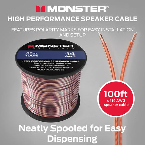 Monster XP Copper Clad Aluminum (CCA) Speaker Wire 14 Gauge Cable 100 FT Spool - Ideal for Home Cinema Cables and Car Audio Cable