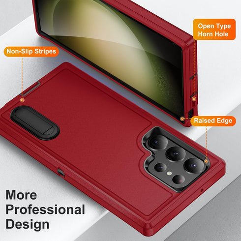 3-Layer Military Grade Protective Case with Kickstand for Samsung Galaxy S24 Ultra Phone Case (Red+Black)