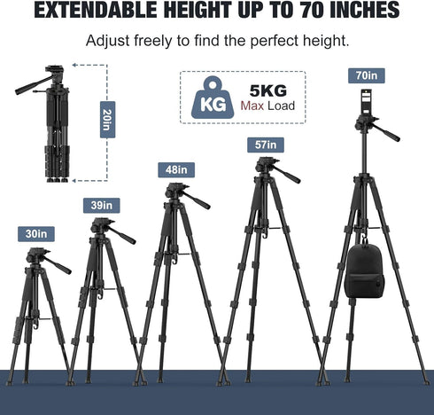 MoKo 70" Camera Tripod for iPad, iPhone, DSLR, SLR, with Travel Bag, Phone Holder, Wireless Remote, and Webcam