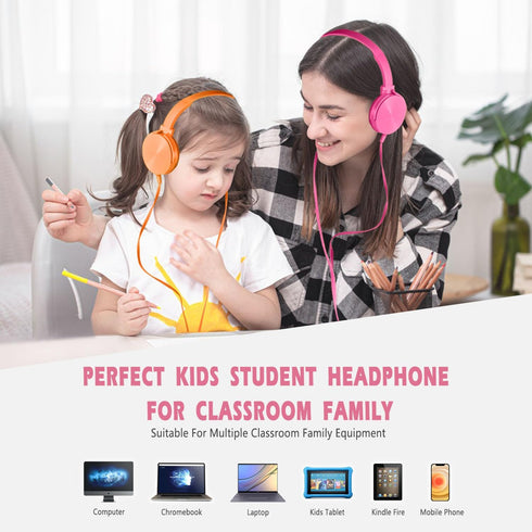 Kids Headphones 2 Pack for School, Durable Wired Student Headset for Laptop, Library, Airplane, Travel (Pink+Orange)