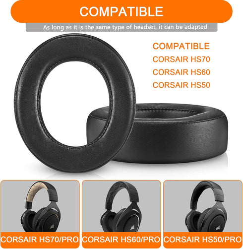 HS60 Earpads, GVOEARS Replacement Ear Pads Cushion for Corsair HS70/Pro HS60/Pro HS50/Pro, Durable Leather Gaming Headset Noise Isolation Earpads (Black)
