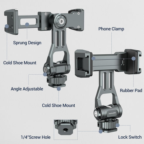 Phone Mount for Camera Hot Shoe, Aluminum Camera Hot Shoe Phone Holder with 2 Additional Cold Shoe Mounts, 360°