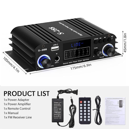 Facmogu S-288 4 CH Bluetooth 5.0 Home Audio Amplifier, RMS 45Wx4, Max 600W, USB, SD, FM, with Remote Control