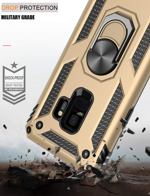 LUMARKE Galaxy S9 Case, Military Grade Protective Phone Cover, Pass 16ft Drop Test with Magnetic Ring Kickstand (Gold)